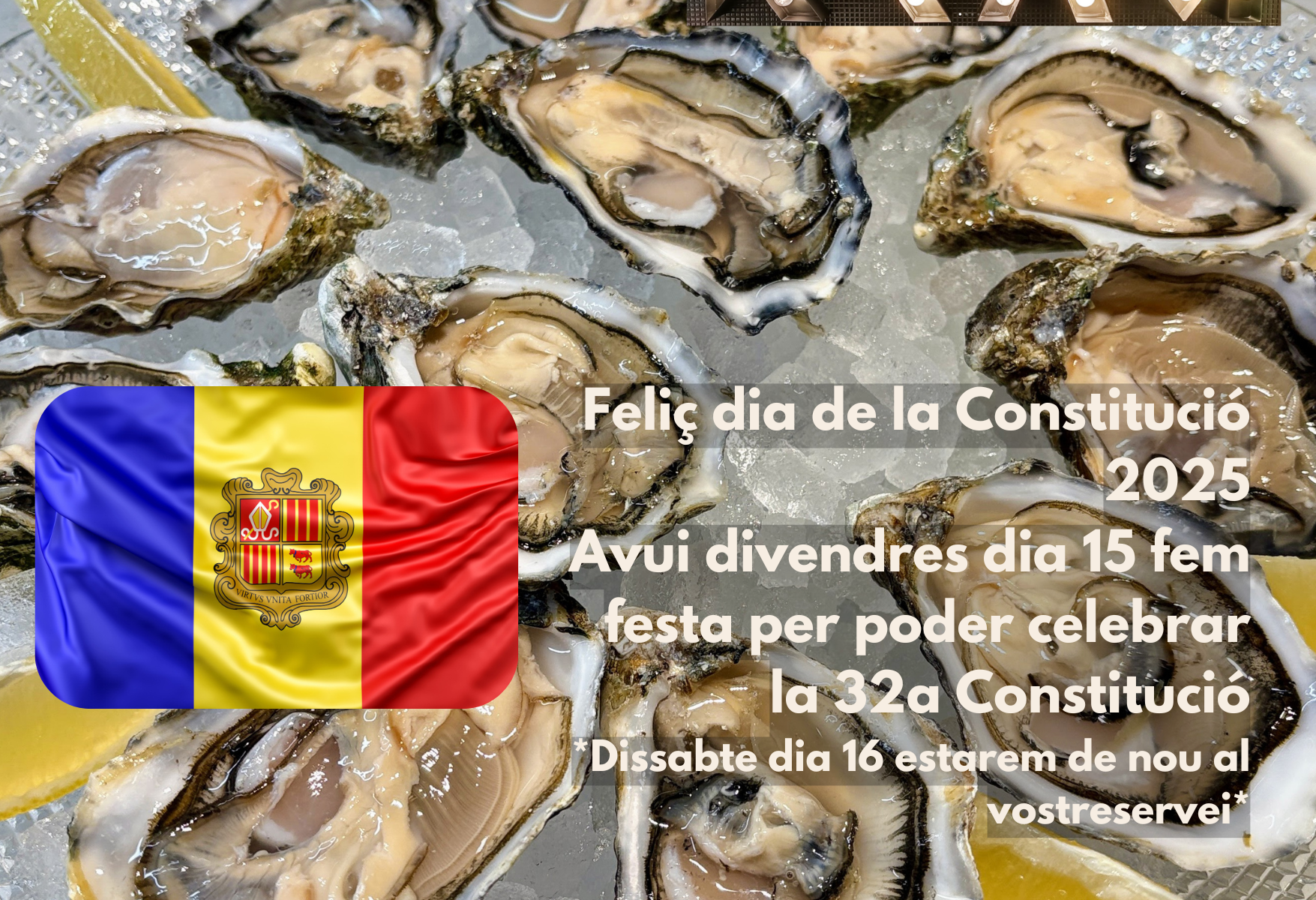 Feliç dia de la Constitució 2025. Avui divendres dia 15 fem festa per poder celebrar la 32a Constitució. *Dissabte dia 16 estarem de nou al vostre servei*