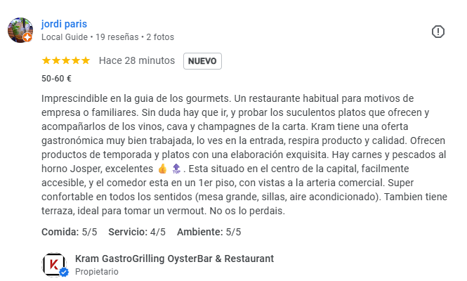 Jordi Paris. Imprescindible en la guía de los gourmets. Un restaurante habitual para motivos de empresa o familiares. Sin duda hay que ir, y probar los suculentos platos que ofrecen y acompañarlos de los vinos, cava y champagnes de la carta. Kram tiene una oferta gastronómica muy bien trabajada, lo ves en la entrada, respira producto y calidad. Ofrecen productos de temporada y platos con una elaboración exquisita. Hay carnes y pescados al horno Josper, excelentes 👍🔝. Está situado en el centro de la capital, fácilmente accesible, y el comedor está en un 1.er piso, con vistas a la arteria comercial. Superconfortable en todos los sentidos (mesas grandes, sillas muy cómodas, aire acondicionado). También tiene terraza, ideal para tomar un vermut. No os lo perdáis. Comida: 5/5 Servicio: 4/5 Ambiente: 5/5 Moltes gràcies, Jordi Paris, per la teva magnífica ressenya! ✨ Ens encanta saber que KRAM Andorra és un imprescindible per als amants de la gastronomia, tant per reunions empresarials com per trobades familiars. Treballem cada dia per oferir una experiència gourmet de primer nivell, amb productes de temporada i una carta de carns i peixos al Josper, garantint qualitat i autenticitat en cada plat. També agraïm que hagis apreciat la nostra selecció de vins, caves i champagnes, pensada per complementar a la perfecció cada àpat. La ubicació cèntrica, amb un menjador ampli i còmode, així com la terrassa per gaudir d’un vermut, fan de KRAM un espai versàtil, ideal per a qualsevol ocasió. T’esperem ben aviat per continuar compartint moments exquisits en un entorn agradable i acollidor. Fins aviat! 🥩🍷🔥